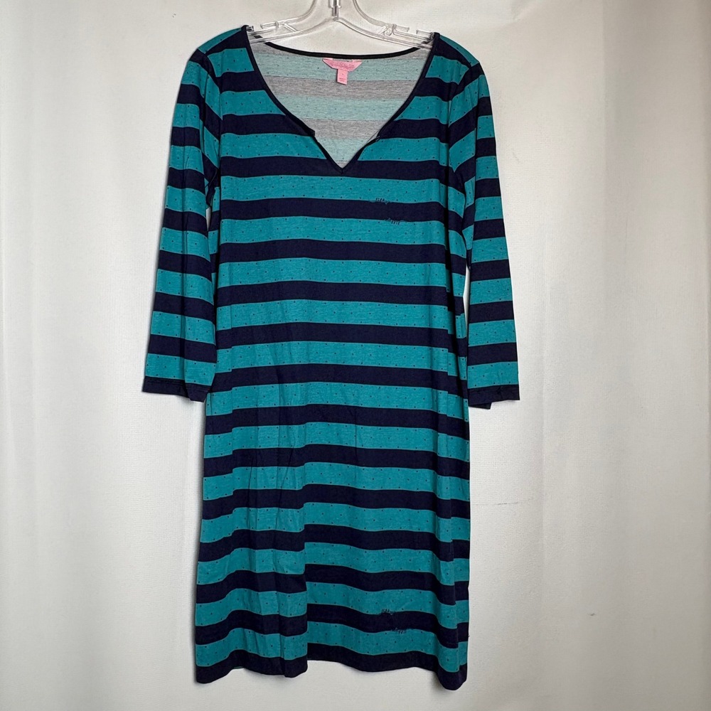 Lilly Pulitzer Pima Cotton Striped V-Neck Dress Teal Navy Blue Large Coastal